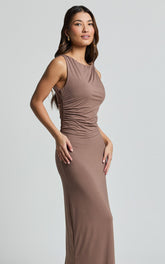 Aisha Maxi Dress - Sleeveless Twist Strap Bodycon Dress in Chocolate